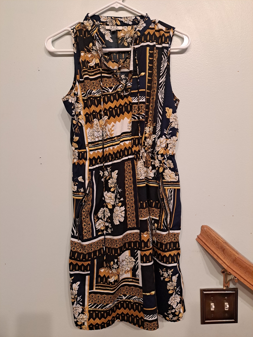 Navy and Mustard Floral Patchwork Sleeveless Dress